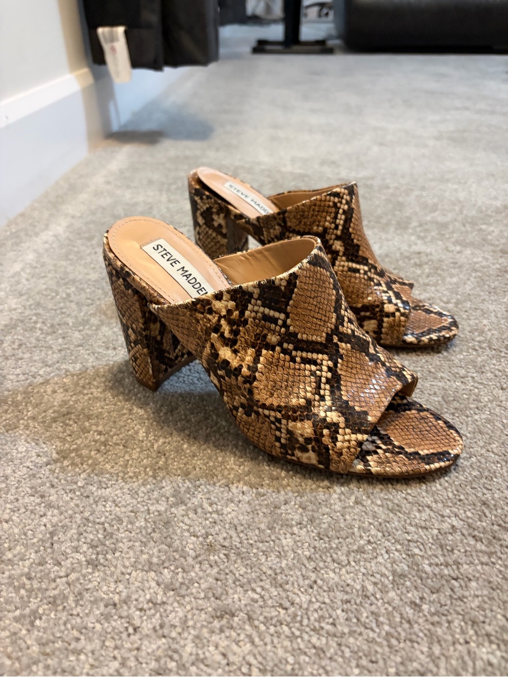 Steve Madden Brown & Tan Snake-Print Slide Block Heels